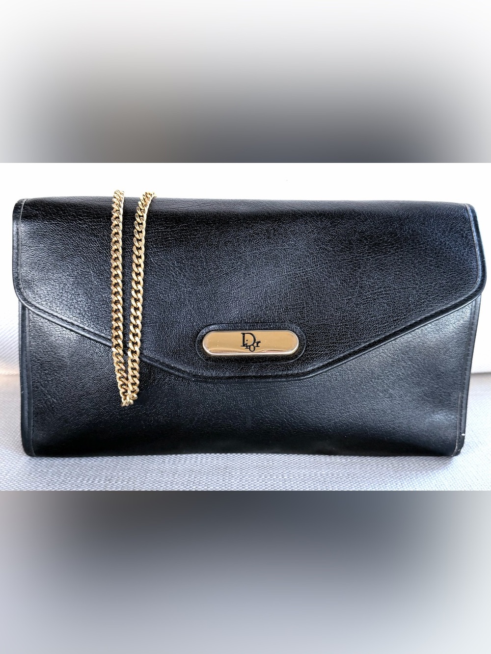 CHRISTIAN DIOR Vintage Black Leather Gold Chain Shoulder Bag Clutch